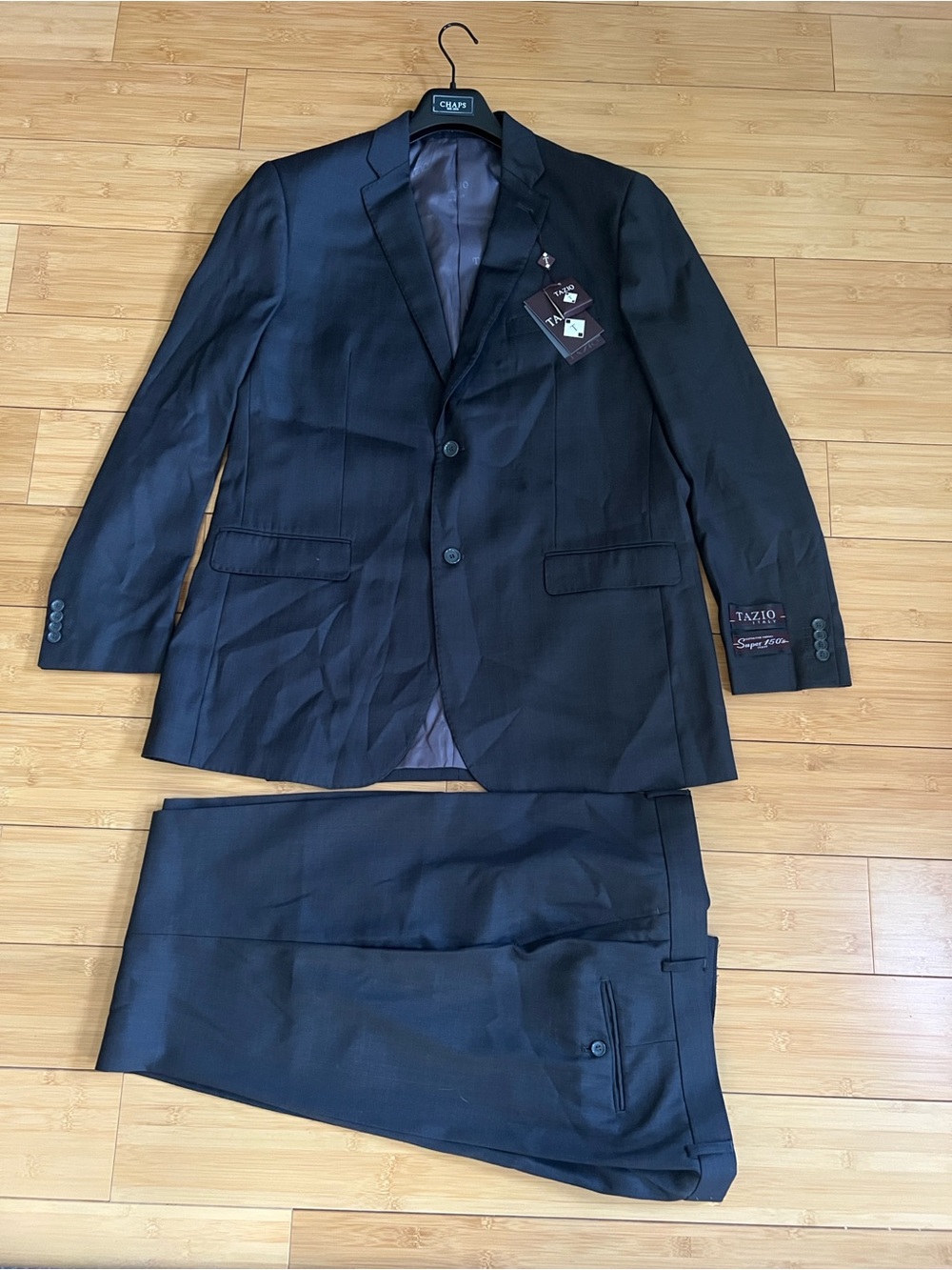 Tazio Italy Men’s Black Suit 2 Piece Super 150s Two Button Modern Luxury 46L/40